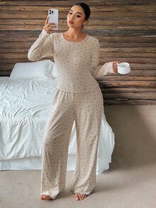 Dazy Plus Conjunto de pijama de 2 piezas con pantalones largos de corte slim, estampado floral ditsy, casual y elegante, para primavera/otoño - Albaricoque - Ver 1