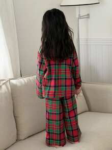 Dazy Kids Young Girl Plaid Lapel Loose Long Sleeve Top + Straight Leg Pants 2pcs Loungewear Set Fall - Red - View 5