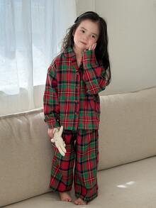 Dazy Kids Young Girl Plaid Lapel Loose Long Sleeve Top + Straight Leg Pants 2pcs Loungewear Set Fall - Red - View 6