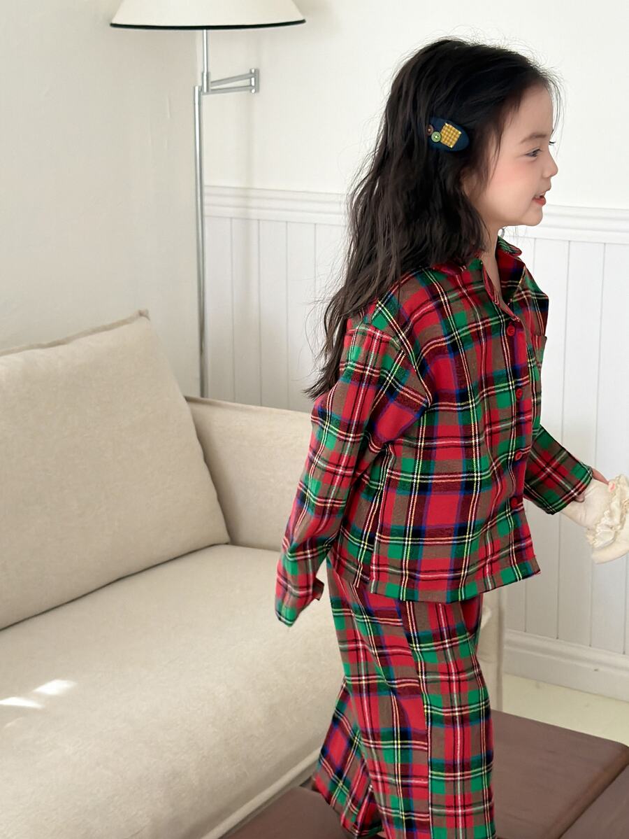 Dazy Kids Young Girl Plaid Lapel Loose Long Sleeve Top + Straight Leg Pants 2pcs Loungewear Set Fall - Red - View 1