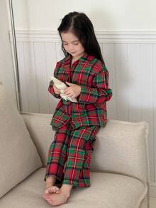 Dazy Kids Young Girl Plaid Lapel Loose Long Sleeve Top + Straight Leg Pants 2pcs Loungewear Set Fall - Red - View 7