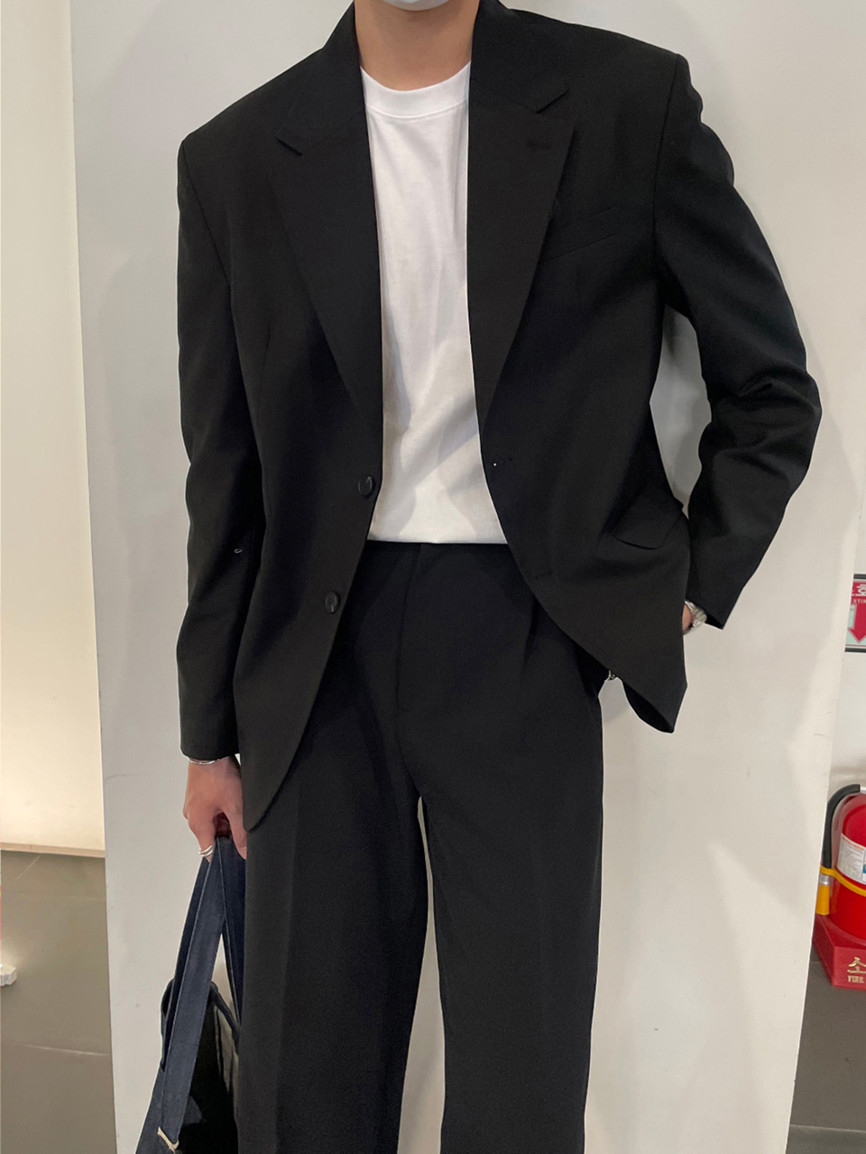 Men's All-Season Commute Black Solid Color Top With Back Slit Pants And Semi-Elastic Waist Suit Set Fall