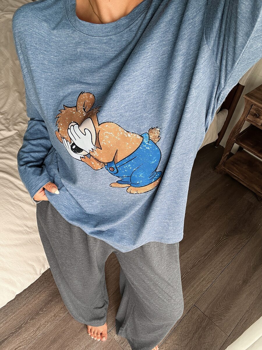 Dazy Plus 卡通動物印花寬鬆長袖褲子2件套居家服 春秋睡衣套裝 - 霧霾藍 - 查看 1