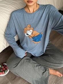 Dazy Plus 卡通動物印花寬鬆長袖褲子2件套居家服 春秋睡衣套裝 - 霧霾藍 - 查看 2