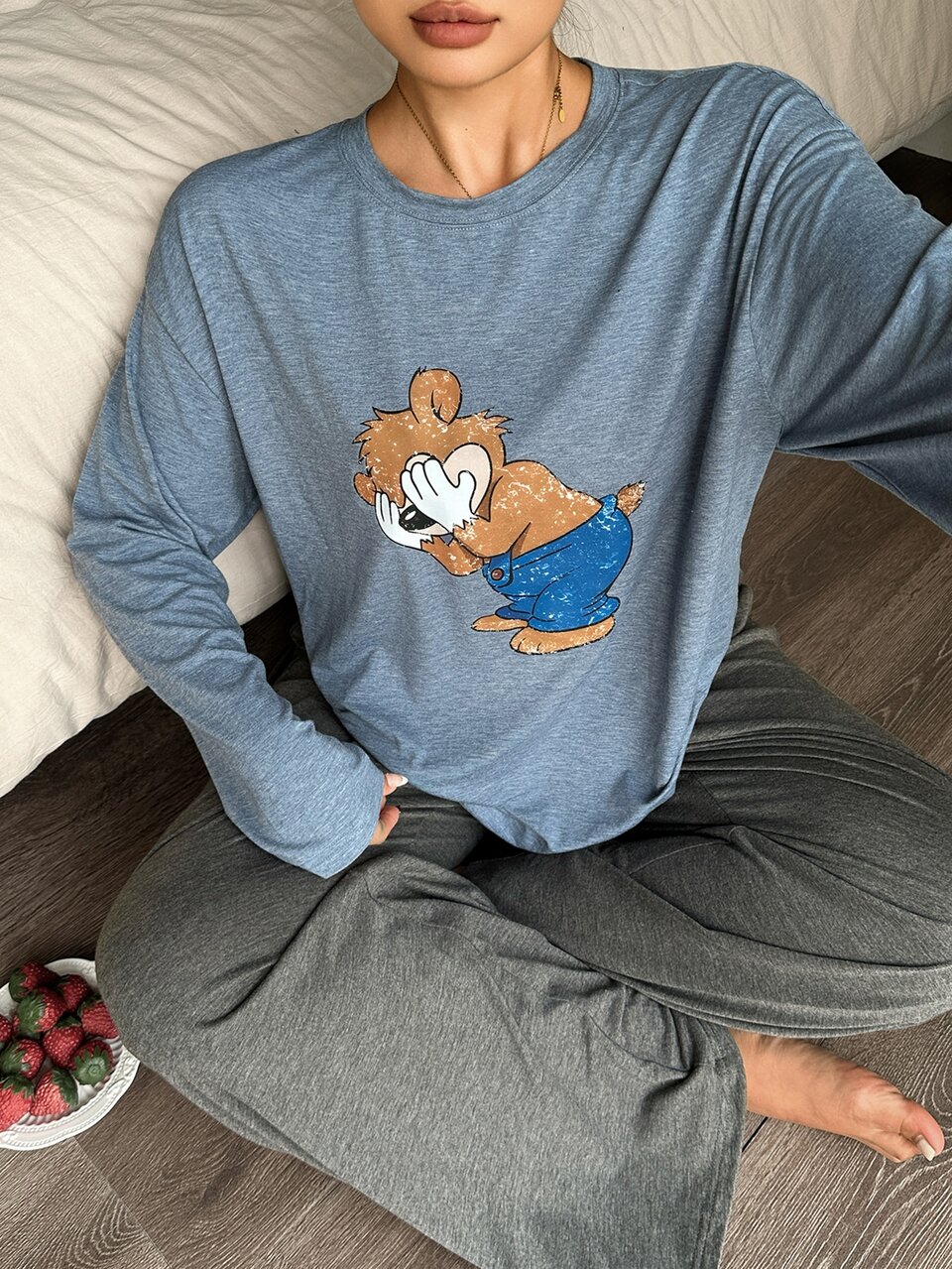 Dazy Plus Cartoon Animal Print Loose Long Sleeve Pants 2-Piece Set Loungewear Spring Autumn Pajama Set
