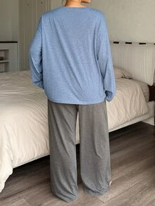 Dazy Plus 卡通動物印花寬鬆長袖褲子2件套居家服 春秋睡衣套裝 - 霧霾藍 - 查看 8