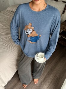 Dazy Plus 卡通動物印花寬鬆長袖褲子2件套居家服 春秋睡衣套裝 - 霧霾藍 - 查看 5