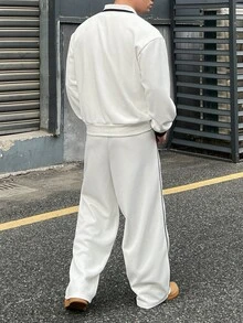 DAZY White Polo Collar Sweatshirt With Elastic Waist Long Pants Men's Pullover Sweatshirt Set Fall - White - View 2