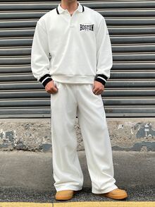 DAZY White Polo Collar Sweatshirt With Elastic Waist Long Pants Men's Pullover Sweatshirt Set Fall - White - View 6