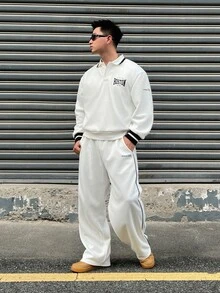 DAZY White Polo Collar Sweatshirt With Elastic Waist Long Pants Men's Pullover Sweatshirt Set Fall - White - View 4