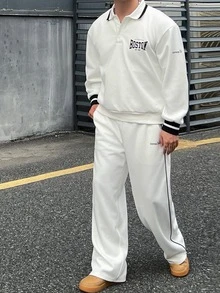 DAZY White Polo Collar Sweatshirt With Elastic Waist Long Pants Men's Pullover Sweatshirt Set Fall - White - View 3