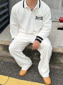 DAZY White Polo Collar Sweatshirt With Elastic Waist Long Pants Men's Pullover Sweatshirt Set Fall - White - View 1