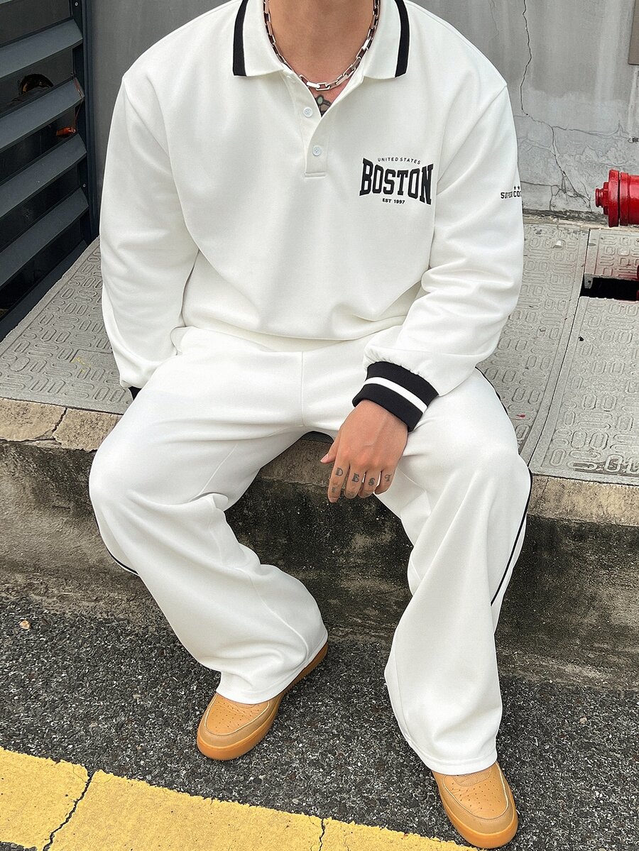 DAZY White Polo Collar Sweatshirt With Elastic Waist Long Pants Men's Pullover Sweatshirt Set Fall - White - View 1