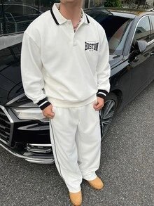 DAZY White Polo Collar Sweatshirt With Elastic Waist Long Pants Men's Pullover Sweatshirt Set Fall - White - View 7