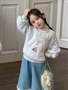 DAZY Infant (Girl) Round Neck Cartoon Bow Long Sleeve Sweatshirt Fall - Dark Grey - View 5