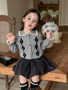 DAZY Infant/Toddler (Girl) Collared Long Sleeve Autumn/Winter Diamond Lattice Korean Style Colorblock Cardigan - Grey - View 1