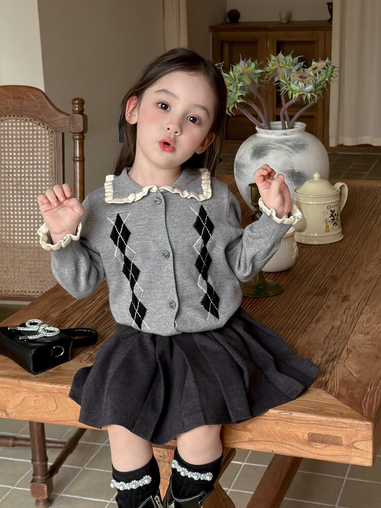 DAZY 嬰兒/幼兒(女款)領口長袖秋冬菱格韓風拼色開襟毛衣 - 灰色 - 查看 1