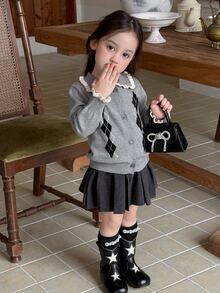 DAZY Infant/Toddler (Girl) Collared Long Sleeve Autumn/Winter Diamond Lattice Korean Style Colorblock Cardigan - Grey - View 8