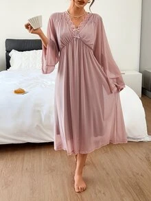 DAZY Gaun Rumah/Tidur Kasual Wanita Model V-Neck dengan Patchwork Renda untuk Musim Gugur - Berwarna merah muda - View 4