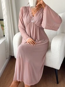 DAZY Gaun Rumah/Tidur Kasual Wanita Model V-Neck dengan Patchwork Renda untuk Musim Gugur - Berwarna merah muda - View 6