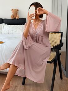 DAZY Gaun Rumah/Tidur Kasual Wanita Model V-Neck dengan Patchwork Renda untuk Musim Gugur - Berwarna merah muda - View 5