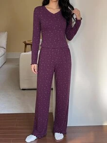 DAZY 2件組甜美碎花修身短袖T恤與寬鬆短款睡褲套裝，夏季女款睡衣秋季 - 紫色 - 查看 5