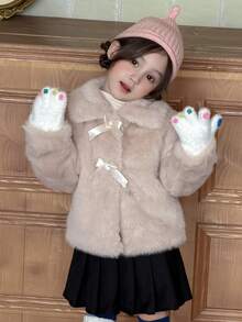 DAZY Baby Girls Lapel Bowknot Tie-Up Long Sleeve Autumn/Winter Jacket - Apricot - View 9