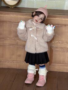 DAZY Baby Girls Lapel Bowknot Tie-Up Long Sleeve Autumn/Winter Jacket - Apricot - View 4