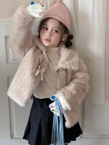 DAZY Baby Girls Lapel Bowknot Tie-Up Long Sleeve Autumn/Winter Jacket - Apricot - View 1