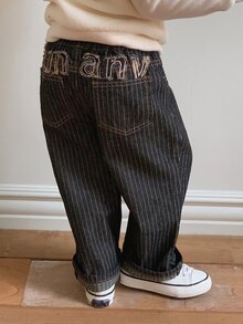 DAZY Baby Girls Striped Korean Style English Letter Loose Striped Denim Jeans Fall - Black - View 6