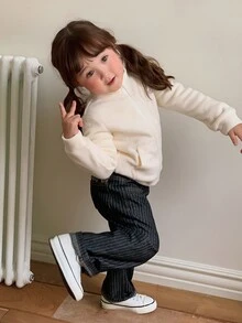 DAZY Baby Girls Striped Korean Style English Letter Loose Striped Denim Jeans Fall - Black - View 3