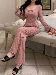 DAZY 2件組女款睡衣套裝，蝴蝶結印花方領修身長袖T恤與直筒長褲，秋季款 - 粉色 - 查看 3