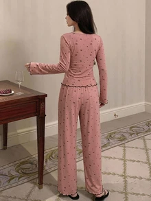 DAZY 2件組女款睡衣套裝，蝴蝶結印花方領修身長袖T恤與直筒長褲，秋季款 - 粉色 - 查看 2