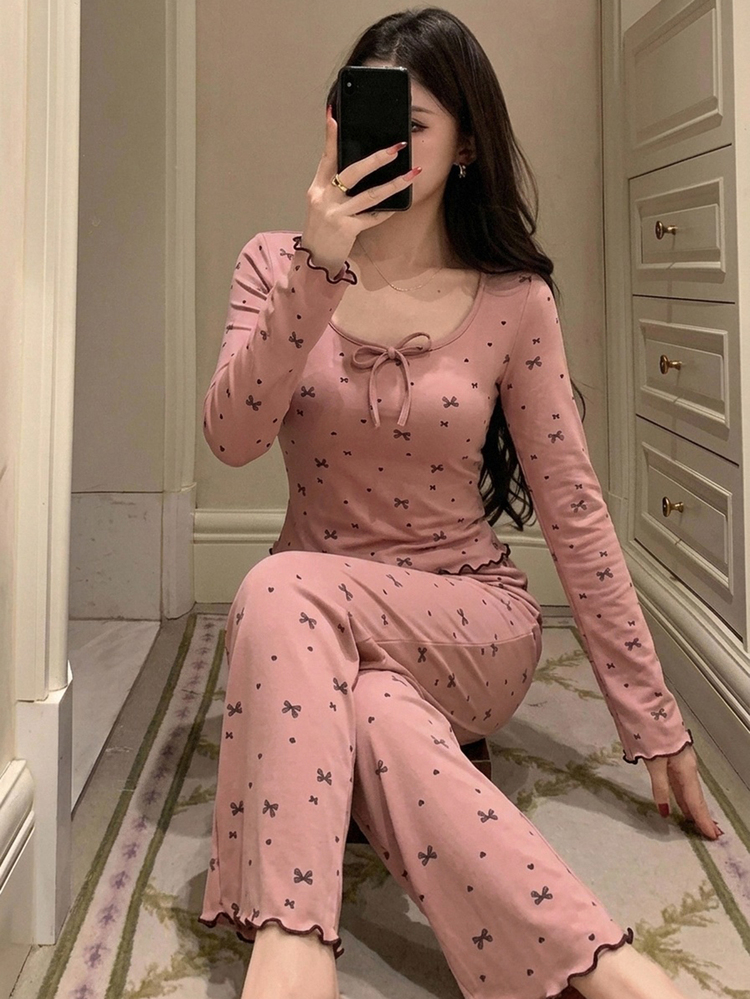 DAZY 2pcs Women's Pajama Set, Bow Print Square Neck Slim Fit Long Sleeve T-Shirt And Straight Leg Long Pants Fall - Pink - View 4