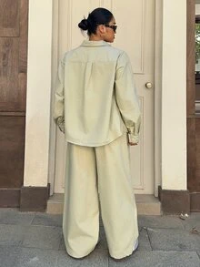 Dazy Plus Plus Size Women's Casual Green Denim Outfit Set With Loose Lapel Shirt And Straight Leg Pants, Elegant Girl Style, Spring Summer Early Autumn - Green - View 2