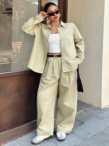 Dazy Plus Plus Size Women's Casual Green Denim Outfit Set With Loose Lapel Shirt And Straight Leg Pants, Elegant Girl Style, Spring Summer Early Autumn - Green - View 3