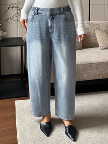 Livesso Curve Vintage Washed Denim Elastic Waist Cropped Tapered Leg Jeans, Versatile Spring/Autumn New Style - Light Wash - View 7
