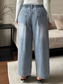 Livesso Curve Vintage Washed Denim Elastic Waist Cropped Tapered Leg Jeans, Versatile Spring/Autumn New Style - Light Wash - View 2