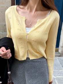 DAZY Women's Solid Color Short Loose Long Sleeve Jacquard Knit Cardigan, Casual Vacation Spring/Autumn - Yellow - View 1