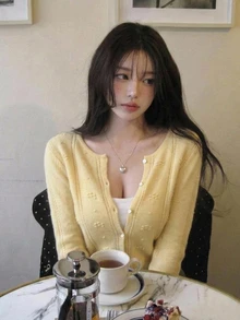 DAZY Women's Solid Color Short Loose Long Sleeve Jacquard Knit Cardigan, Casual Vacation Spring/Autumn - Yellow - View 3