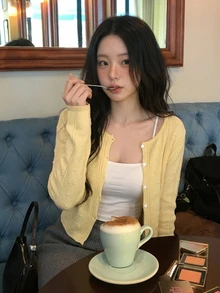 DAZY Women's Solid Color Short Loose Long Sleeve Jacquard Knit Cardigan, Casual Vacation Spring/Autumn - Yellow - View 2