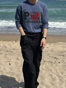 DAZY 夏季短袖字母印花藍色男士T恤秋季 - 藍色 - 查看 3