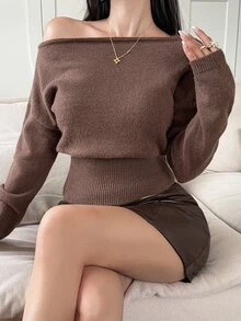 DAZY Women's Casual Solid Color Off-Shoulder Sweater, Autumn/Winter - Coffee Brown - View 3