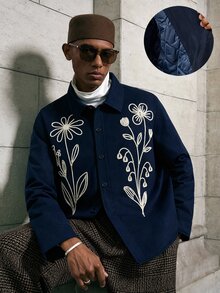 AKNOTIC Men's Floral Embroidered Pattern Casual Versatile Daily Wear Winter Long Sleeve Coat, Thermal Lined - Blue - View 2