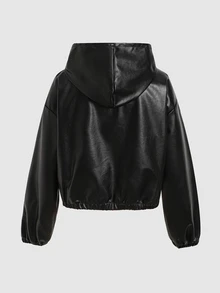 SHEIN Teen Girl Teen Girl Solid Black Autumn Streetwear Patch Pocket Loose Fit Casual Hooded Jacket, Halloween Back To School Winter Jacket - Black - View 4