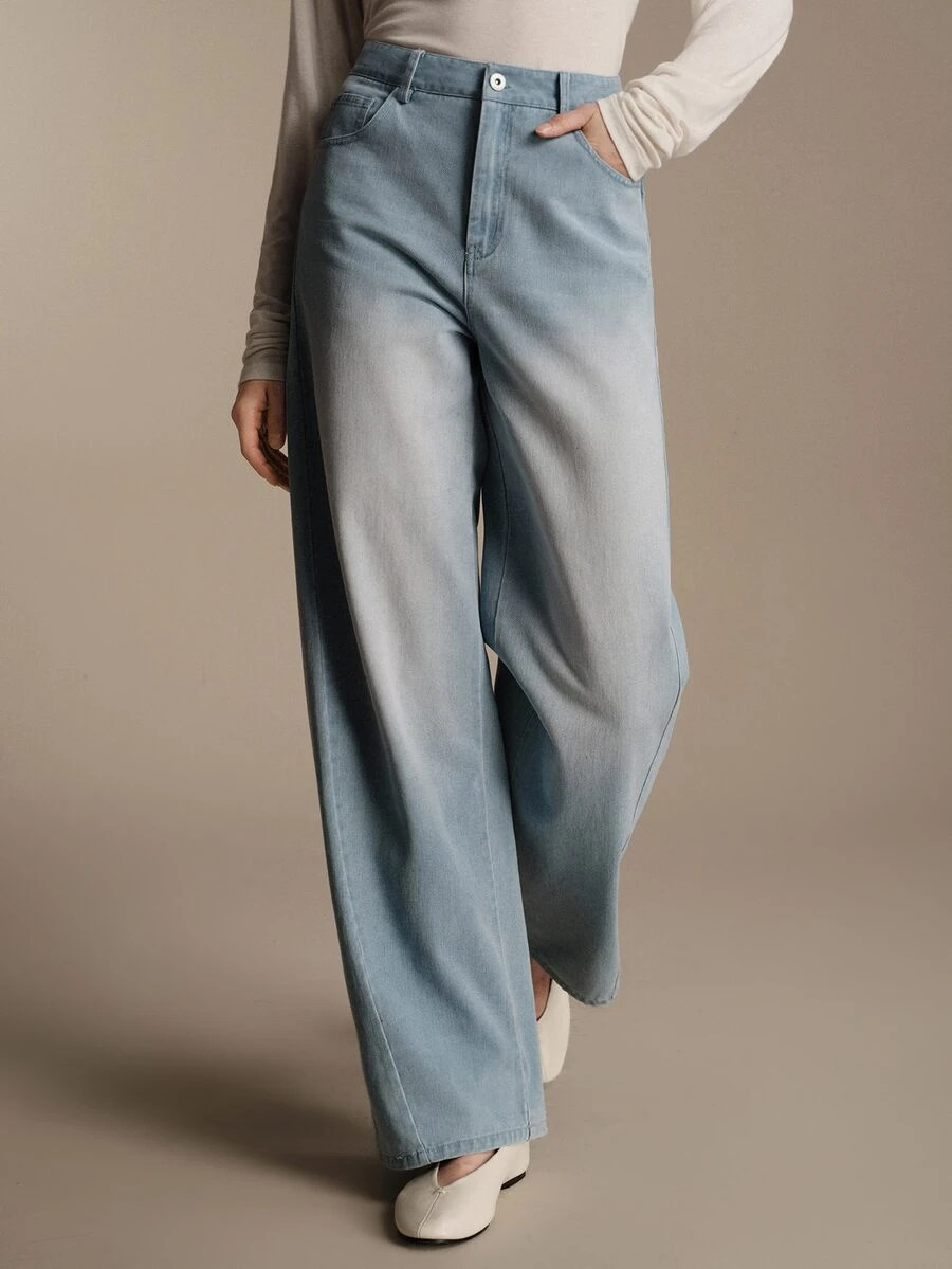 Anewsta Essential Spring/Summer Casual Minimalist American Style High Waist Wide Leg Light Blue Denim Jeans Everyday Holiday - Light Wash - View 1