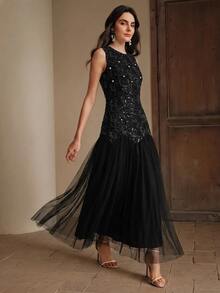 Anewsta Elegant Round Neck Sleeveless Summer New Long Dress For Women - Black - View 3