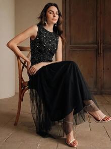 Anewsta Elegant Round Neck Sleeveless Summer New Long Dress For Women - Black - View 5
