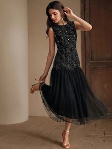 Anewsta Elegant Round Neck Sleeveless Summer New Long Dress For Women - Black - View 4