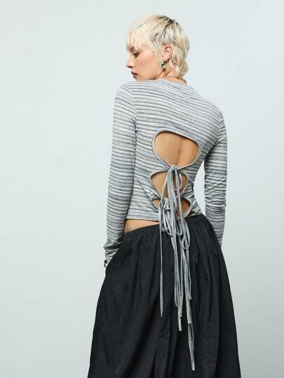 COUREZ Stripe Back Cut Out Top  /Y2K Long Sleeve Tops Rave Outfits Fall Clothes For Women Cute Tops Greyt Tops Going Out Tops Y2K Tops